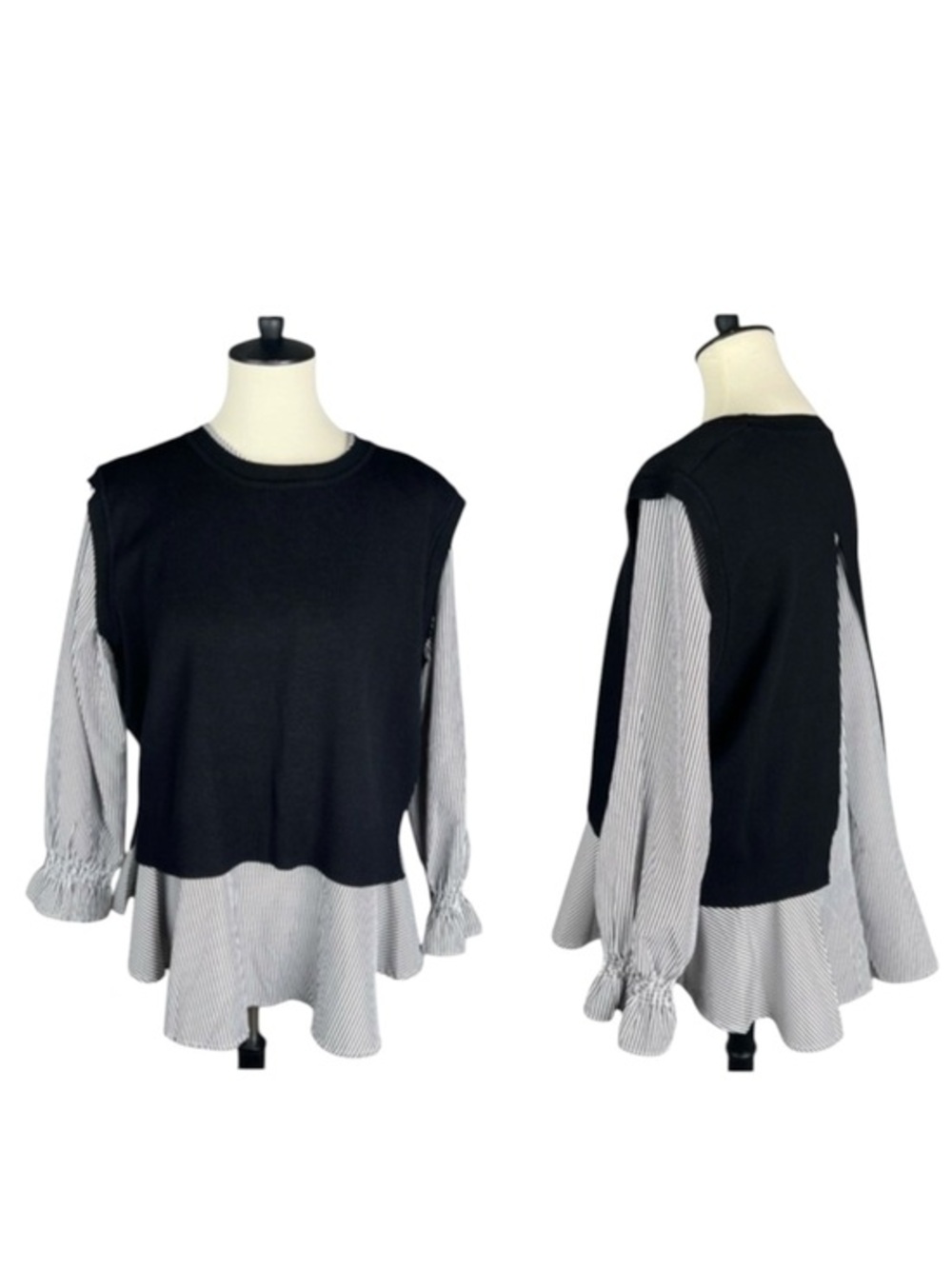 Joh Layered Cable Combo 2 in 1 Shirt Sweater Over Striped Tunic Top Peplum L NEW